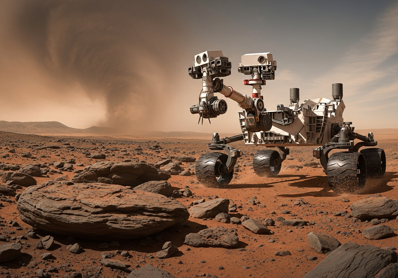 A futuristic illustration of the Curiosity rover on Mars, equipped with advanced scientific instruments, exploring a rocky landscape with a dust storm in the distance.