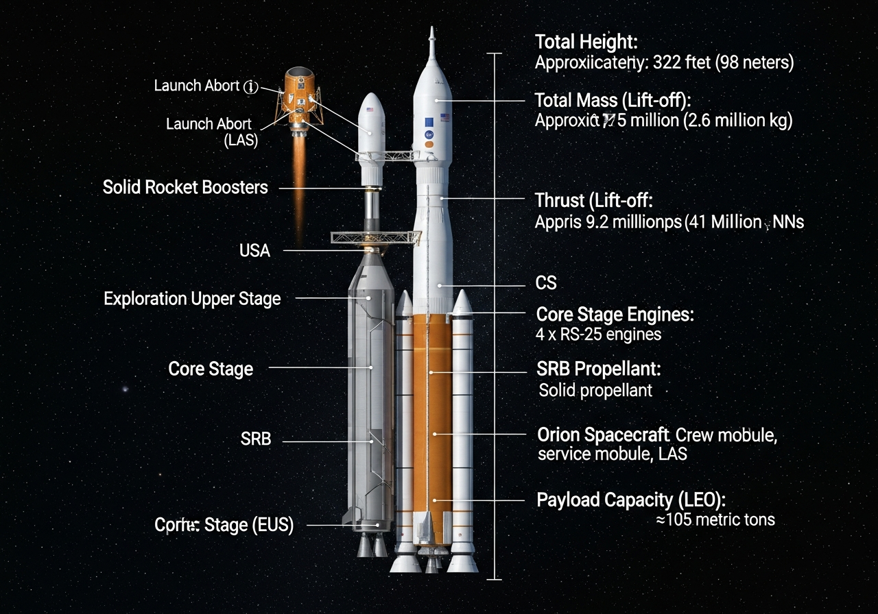 Detailed diagram of the Space Launch System (SLS) rocket with labeled parts and technical specifications, against a starry background