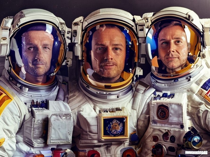 A collage of the four Artemis II astronauts (Christina Koch, Victor Glover, Reid Wiseman, and Jeremy Hansen) in their NASA spacesuits, professional portrait style