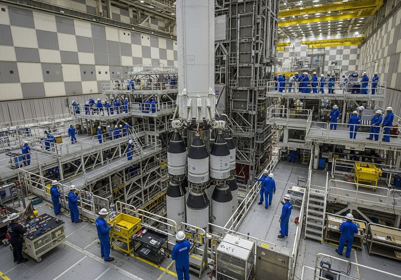 Interior view of the Vehicle Assembly Building (VAB) at Kennedy Space Center, showing the Artemis II rocket being assembled, with engineers working on various platforms