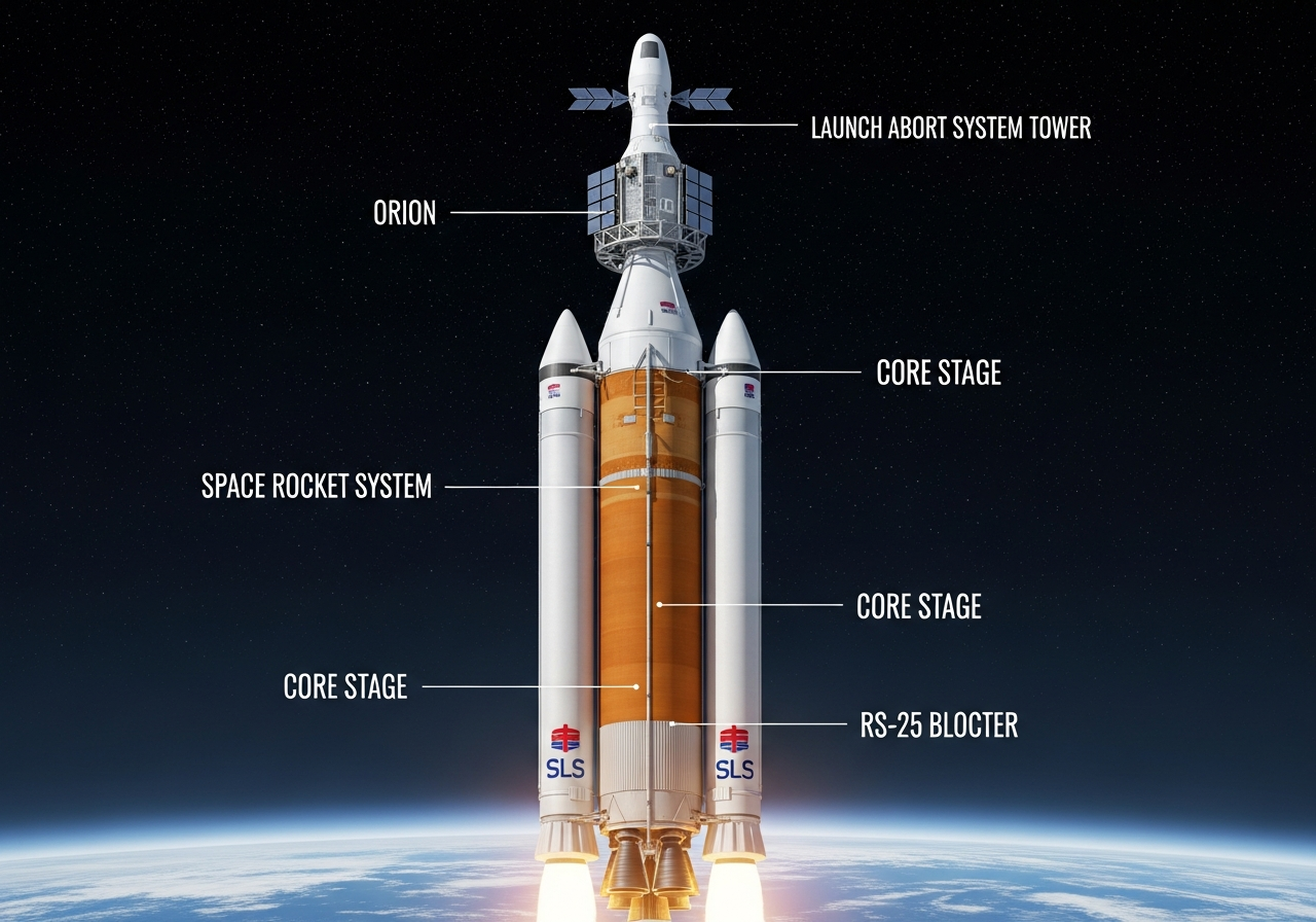 Diagram of the Space Launch System (SLS) rocket, highlighting the core stage, boosters, and Orion spacecraft.