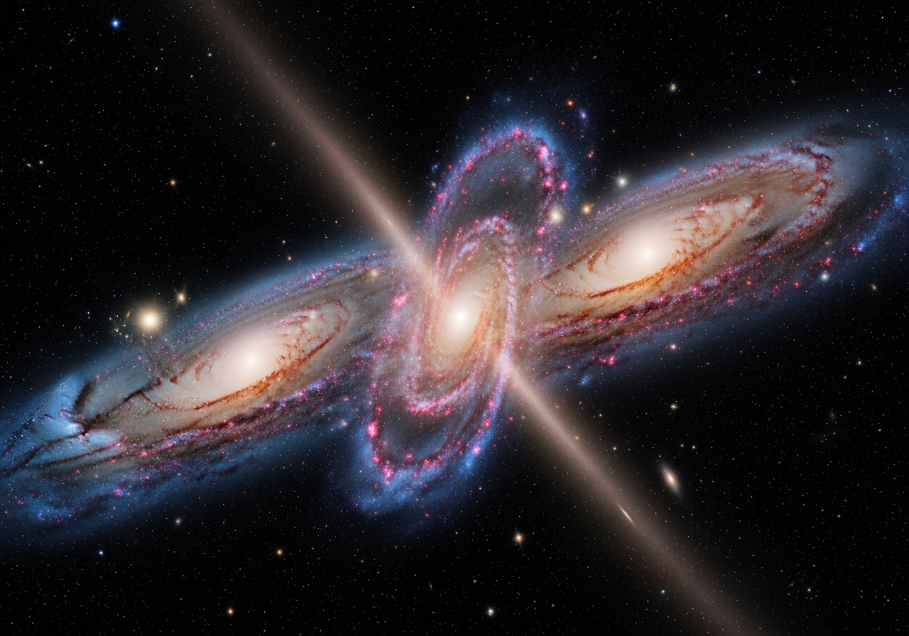 Simulation of two spiral galaxies colliding, showing the formation of tidal tails and the compression of gas clouds leading to star formation. Use vibrant colors to represent different gas densities and stellar populations.