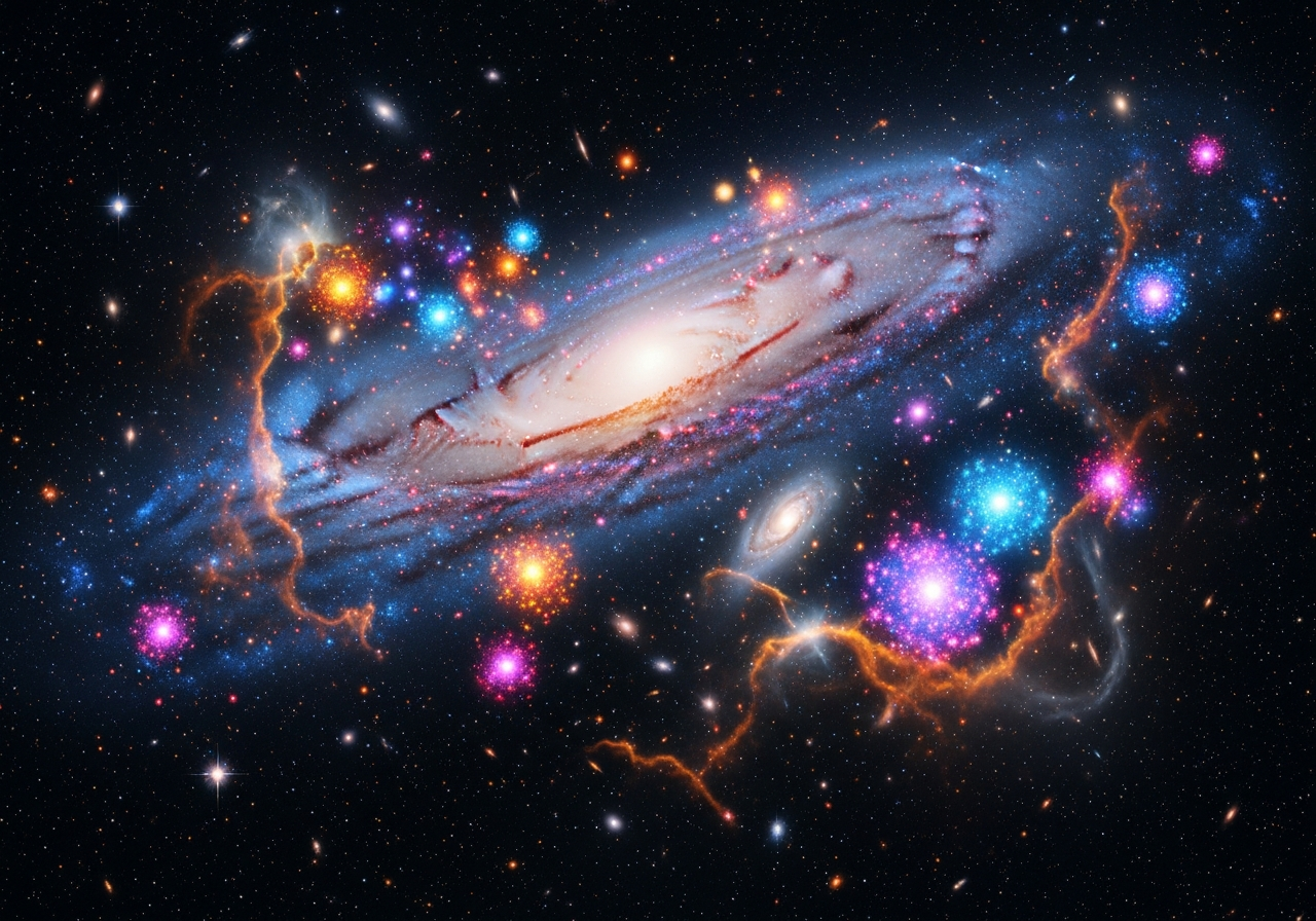A futuristic illustration of the Milky Way and Andromeda galaxies merging in the distant future, forming a new elliptical galaxy. Include vibrant star clusters and swirling gas clouds in the newly formed galaxy.