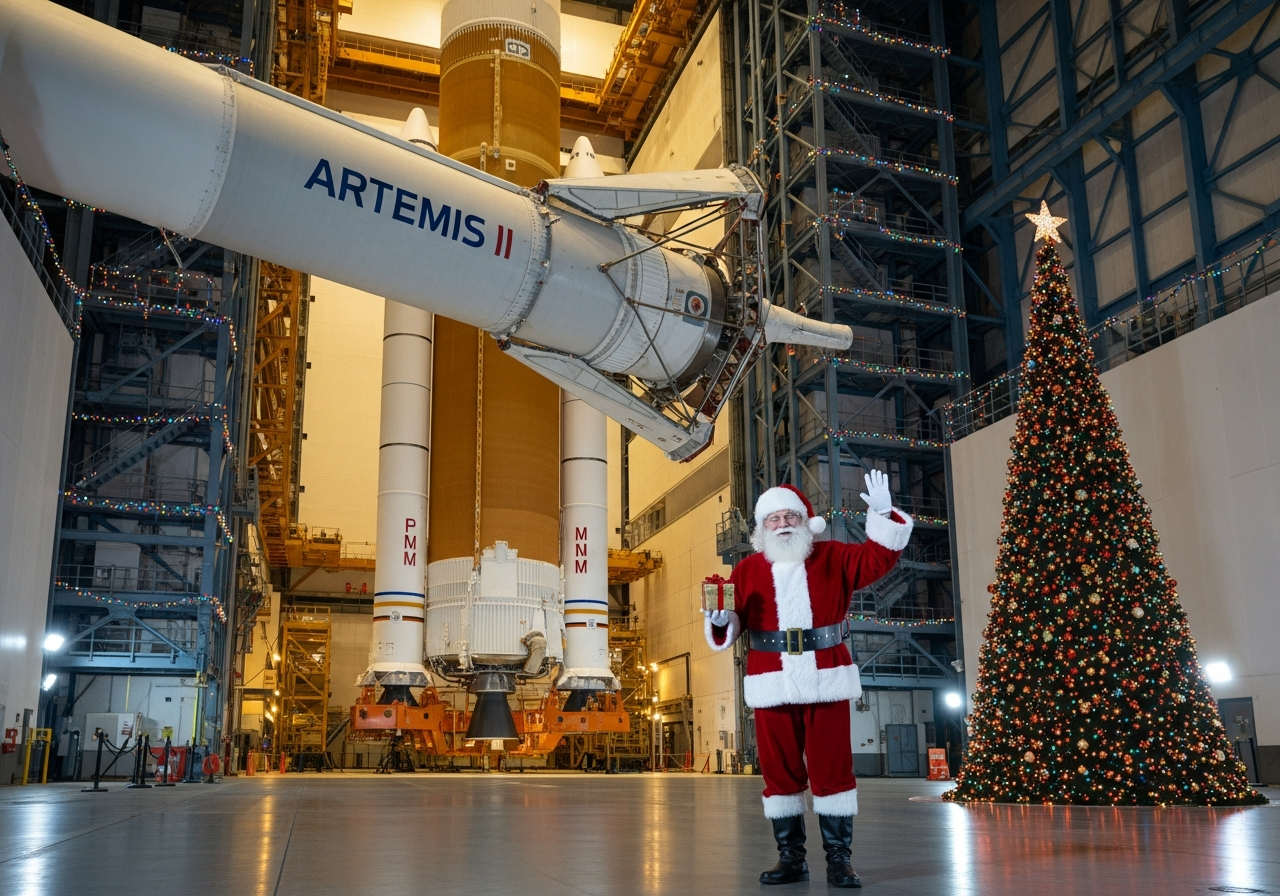 NASA engineer dressed as Santa Claus posing in front of the Artemis II rocket inside the VAB High Bay 4, Christmas lights, festive atmosphere