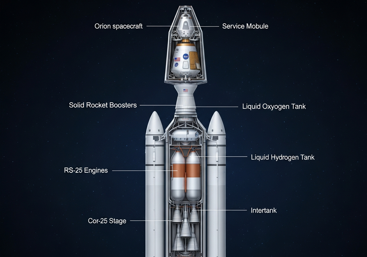 Cutaway diagram of the Space Launch System (SLS) rocket with key components labeled, including RS-25 engines, solid rocket boosters, and Orion spacecraft