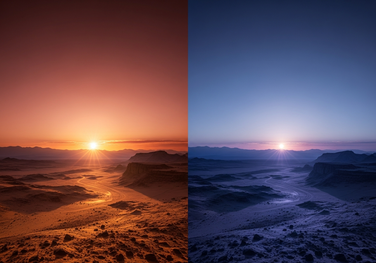 Split image showing Mars at dawn (reddish hue) and dusk (bluish hue), with the sun setting/rising on the horizon.
