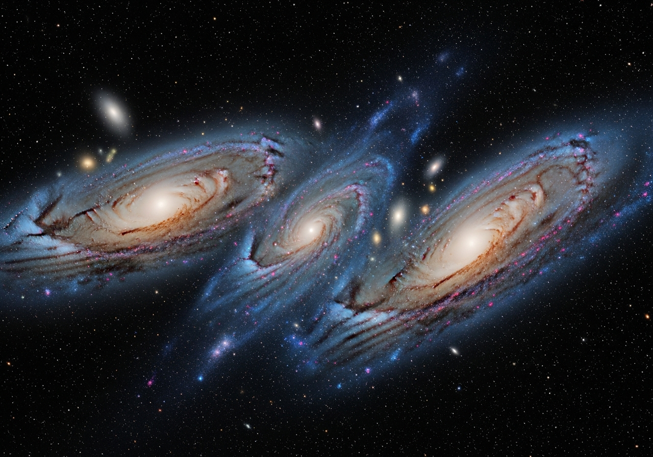 An artistic rendering of the Andromeda galaxy on a collision course with the Milky Way galaxy. Include swirling gas clouds and distorted galactic shapes.