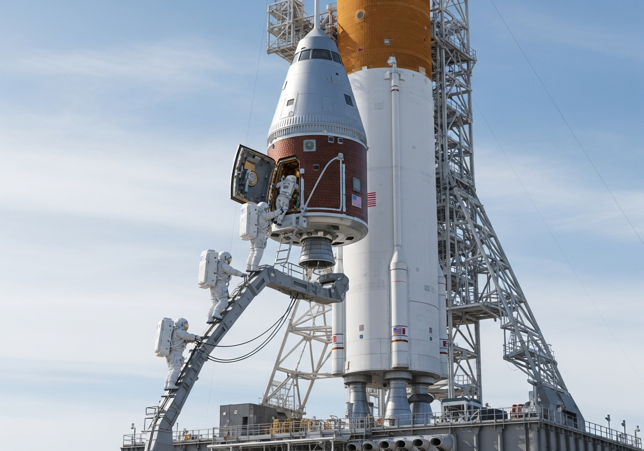 Astronauts in full spacesuits entering the Orion spacecraft atop the SLS rocket on the launchpad, detailed rendering