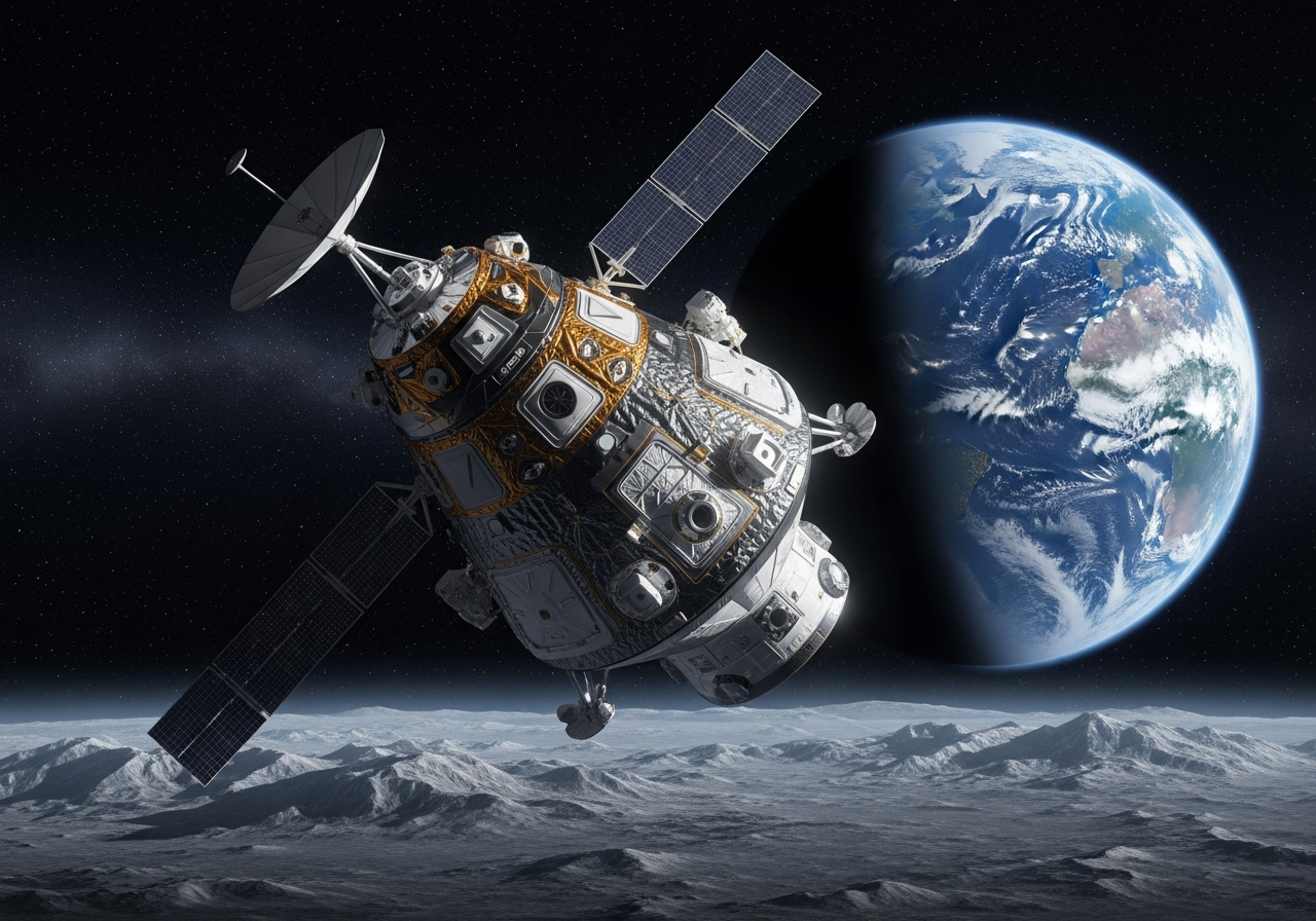 An artist's rendering of the Artemis II mission orbiting the moon, with Earth visible in the background