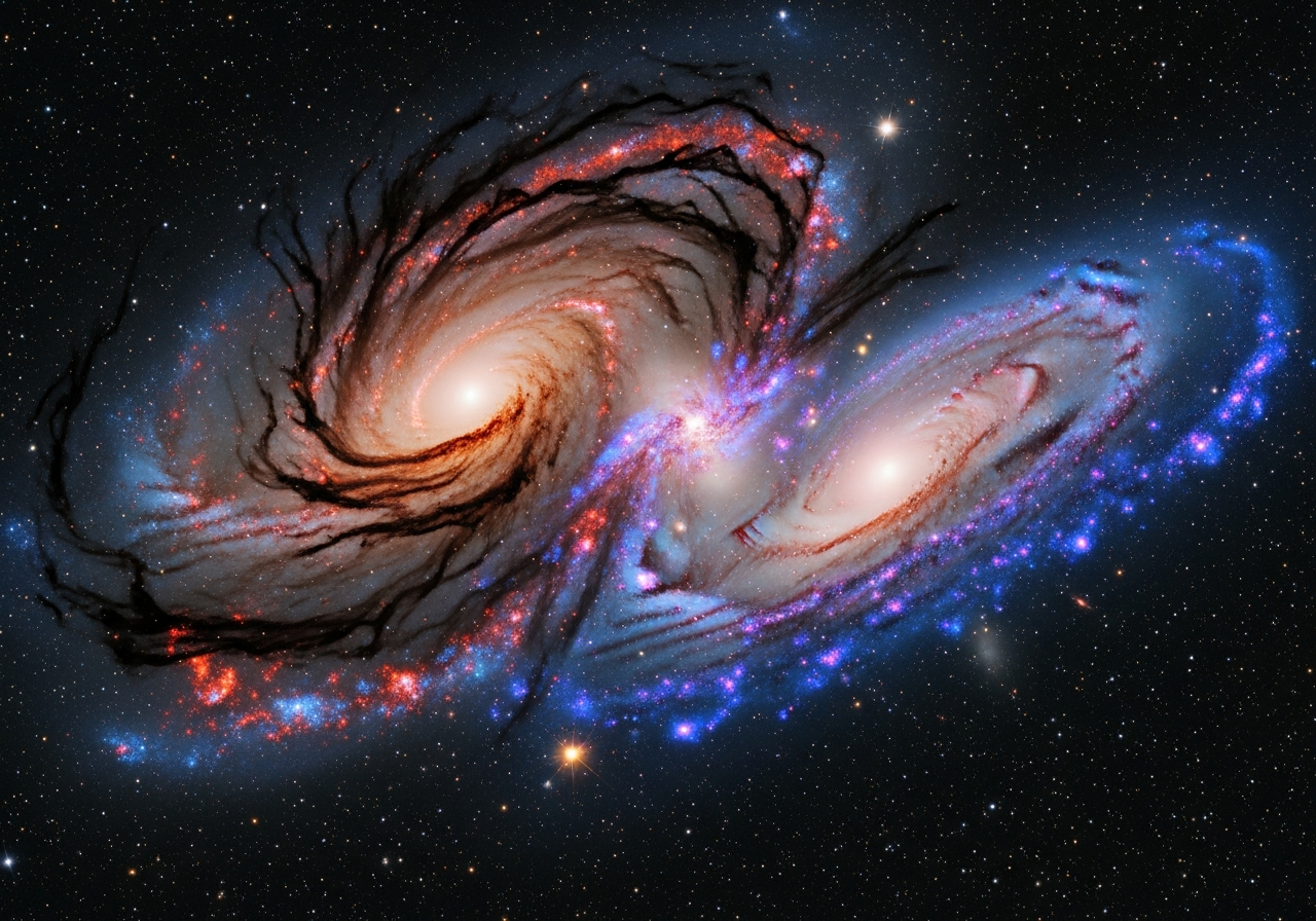 A composite image showing two galaxies colliding, with infrared data from Webb showing dust lanes and X-ray data from Chandra showing hot gas, highlighting areas of intense star formation.