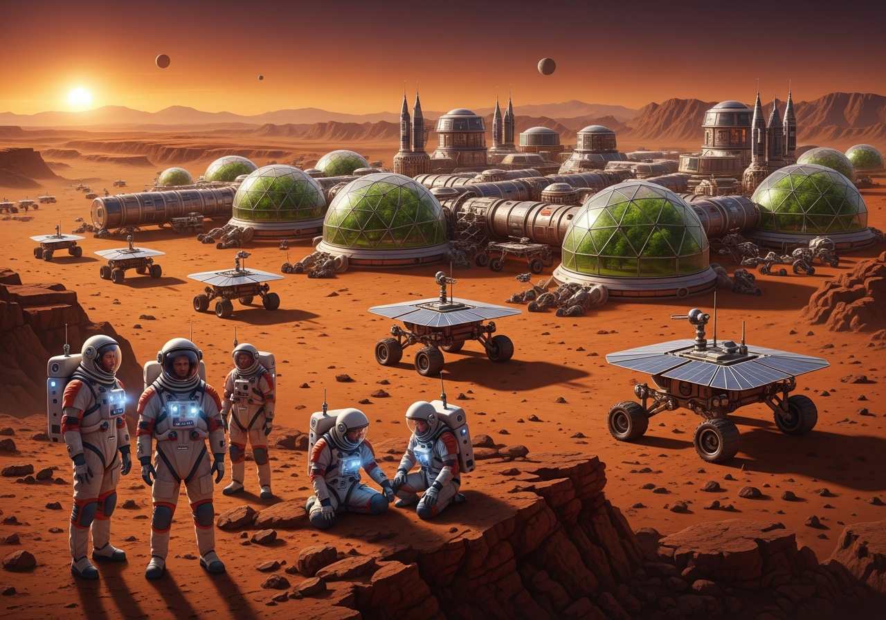 A futuristic illustration of humans colonizing Mars, with advanced habitats and rovers exploring the landscape, under a Martian sunset.