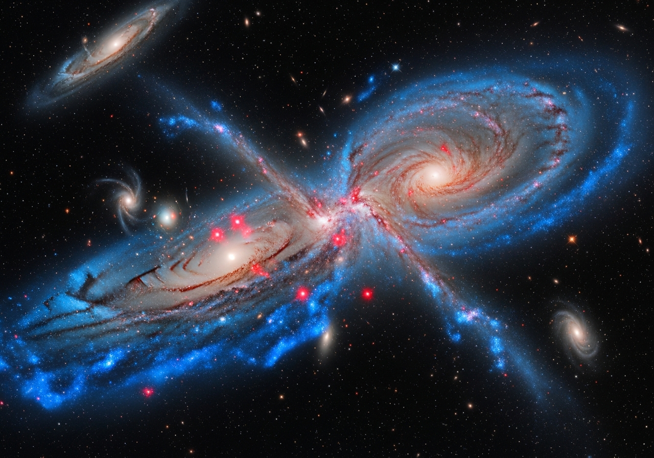 A close-up view of colliding galaxies, showcasing distorted spiral arms, regions of intense star formation (bright blue), and X-ray emissions from superheated gas around black holes (bright red). Highlight gravitational lensing effect with arcs of light.