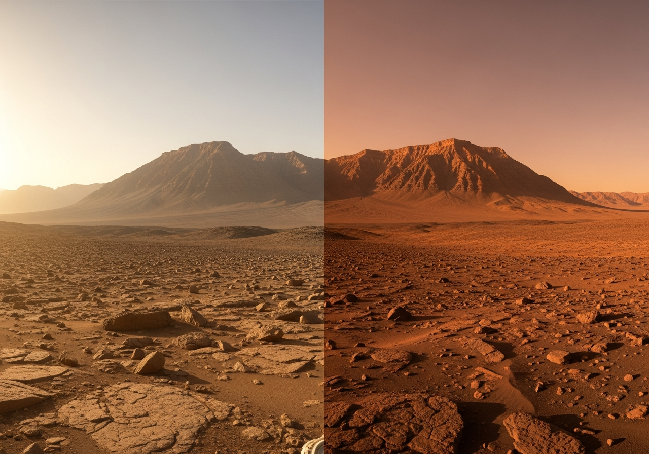 Panorama of Mars taken by Curiosity rover, showing morning and evening views blended together, with mountains and plains visible.