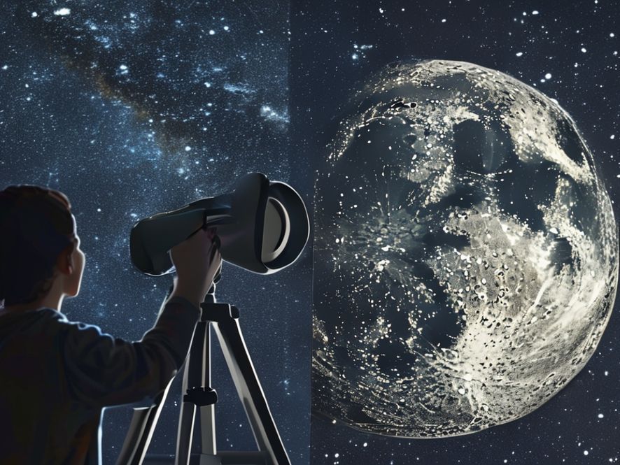 A split-screen image. On the left, a person looking through a telescope at the night sky. On the right, a close-up view of the Waxing Gibbous Moon as seen through the telescope, showcasing craters and surface details.