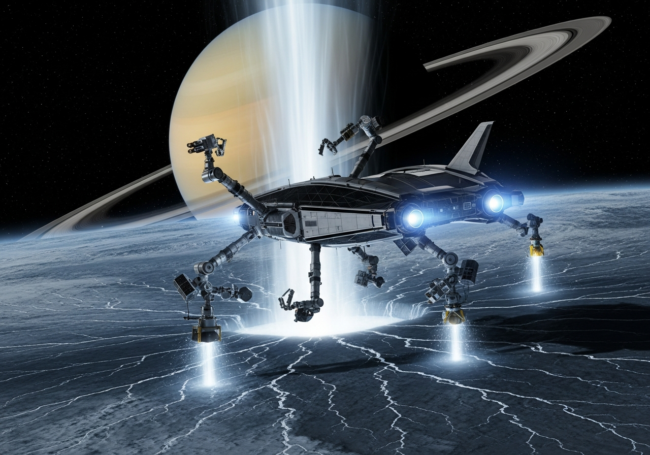 A futuristic spacecraft hovering above Enceladus's south pole, with robotic arms extending to collect samples from the plumes. Saturn and its rings are visible in the background. Alt Text: A spacecraft collecting samples from Enceladus plumes, searching for life.
