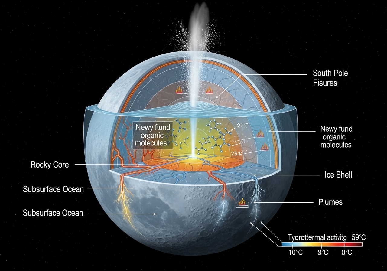 Diagram of Enceladus, showing the ice shell, subsurface ocean, hydrothermal vents, and the plumes erupting from the south pole, with labeled components and temperature gradients. Alt Text: Diagram of Enceladus showing ice shell, ocean, vents, and plumes with newly found organic molecules and thermal activity indicators.