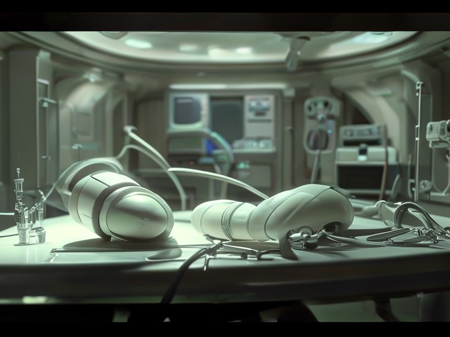 수술실에서 로봇 팔이 정밀 수술을 돕는 모습, 미래적인 병원 배경