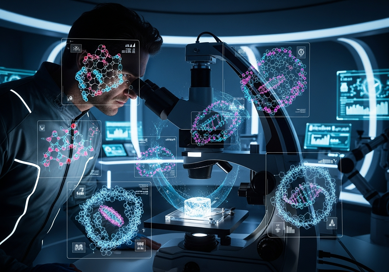 A scientist in a futuristic lab examining a sample of ice from Enceladus under a microscope, with holographic projections of organic molecules swirling around. Alt Text: A scientist analyzing Enceladus ice sample, revealing the possibility of extraterrestrial life.