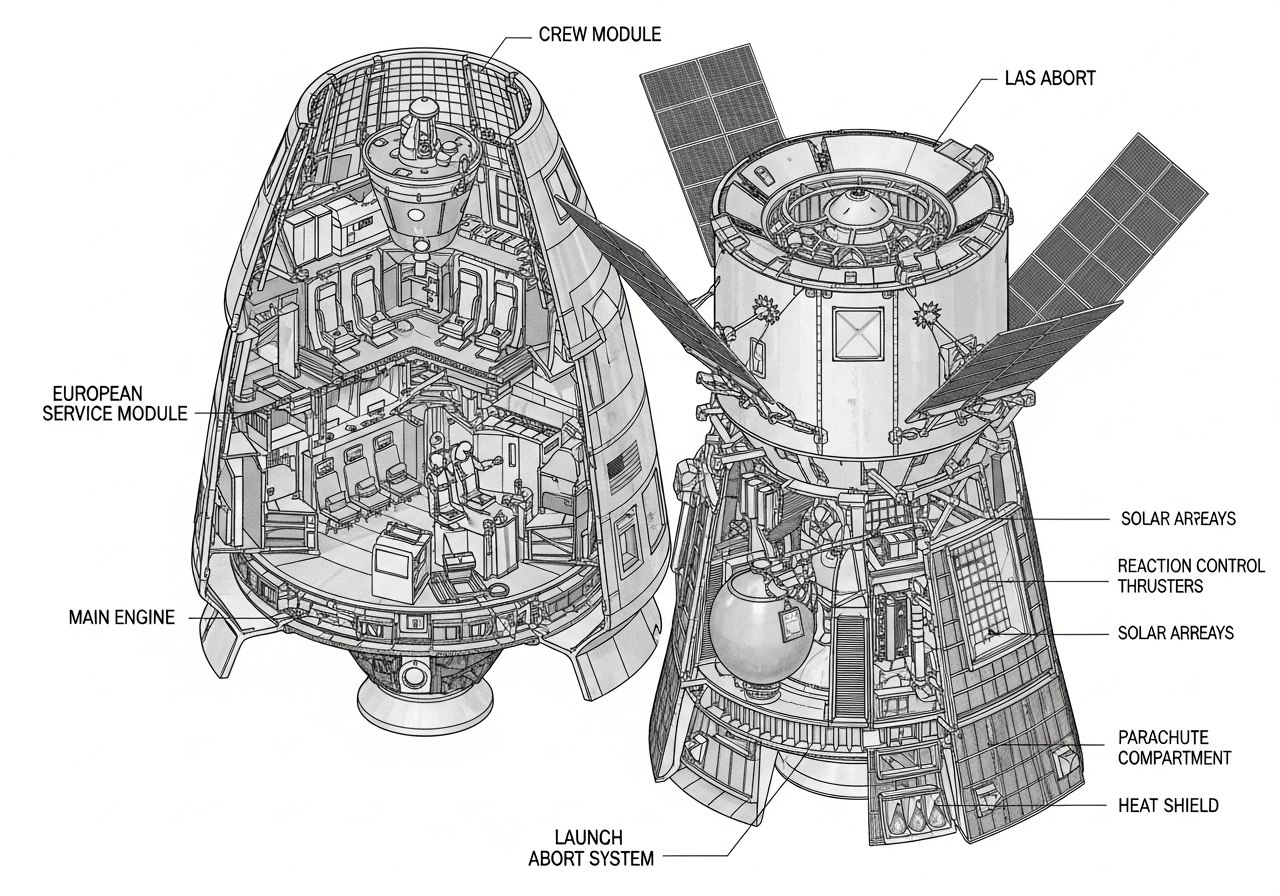 Isometric view of the Orion spacecraft, showing its crew module, European service module, and launch abort system, cutaway view, detailed technical drawing, labeled parts