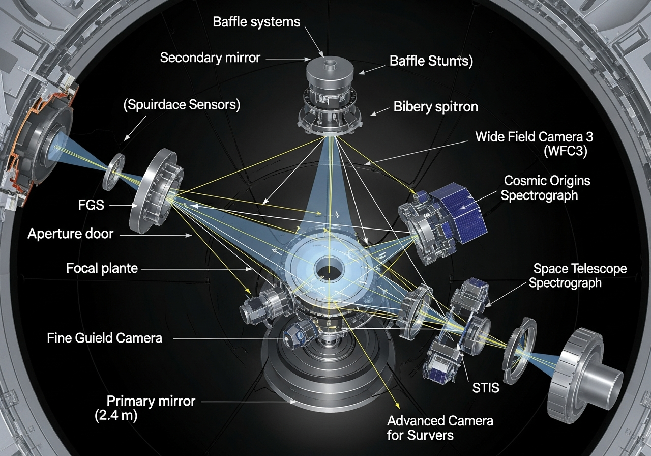 Diagram of the Hubble Space Telescope's optical system, showing light paths and instruments, technical illustration