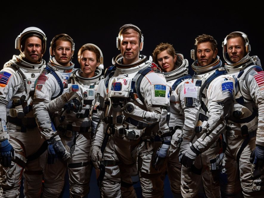 Group portrait of the Artemis II crew members (Reid Wiseman, Victor Glover, Christina Koch, and Jeremy Hansen), wearing NASA flight suits, studio lighting, heroic pose