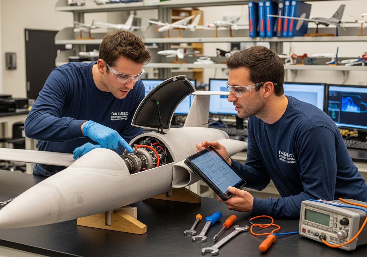 Justin Hall and Justin Link at Dale Reed Subsonic Flight Research Laboratory, inspecting the engine of the new subscale aircraft, showcasing collaboration and expertise