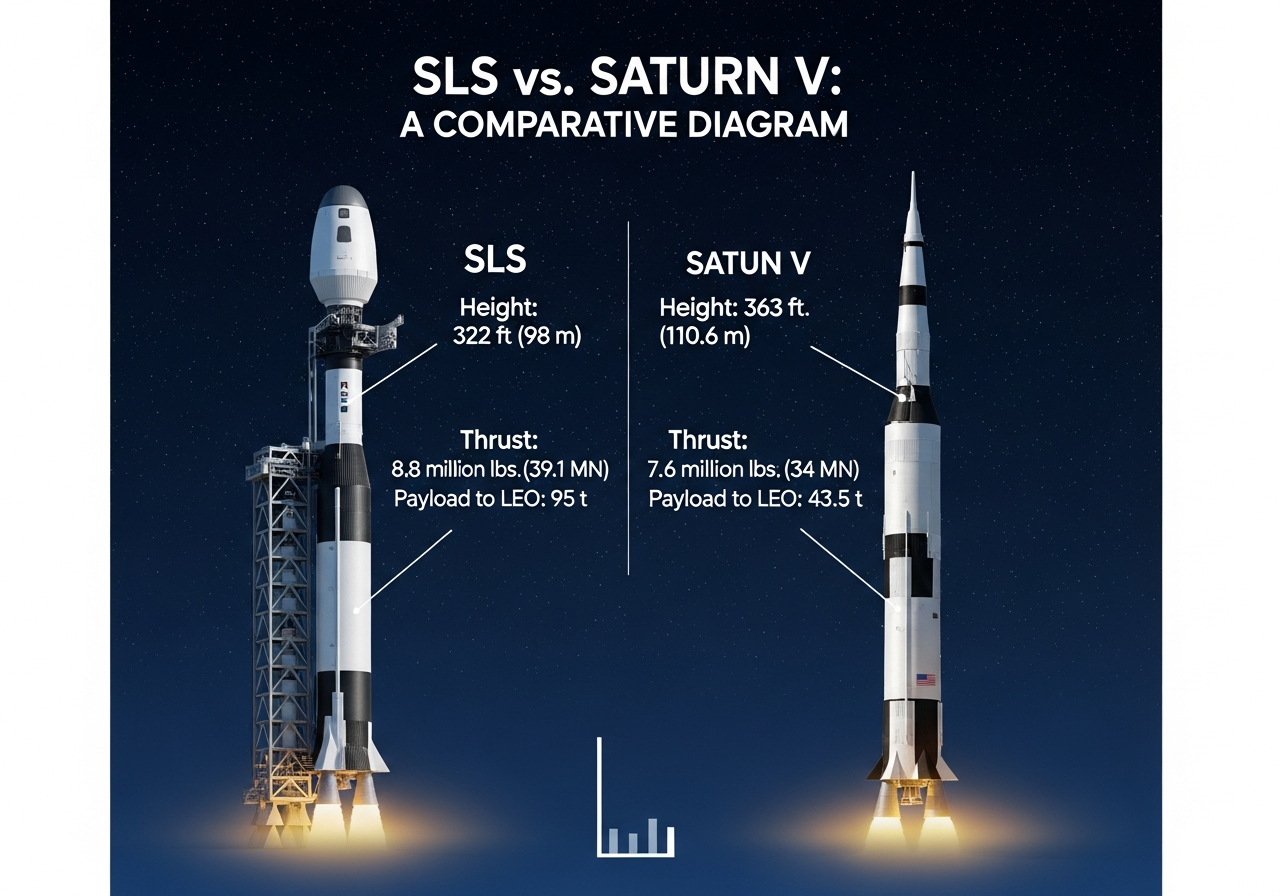 Diagram comparing the size and thrust of the SLS rocket to the Saturn V rocket, showing key components and specifications, infographic style