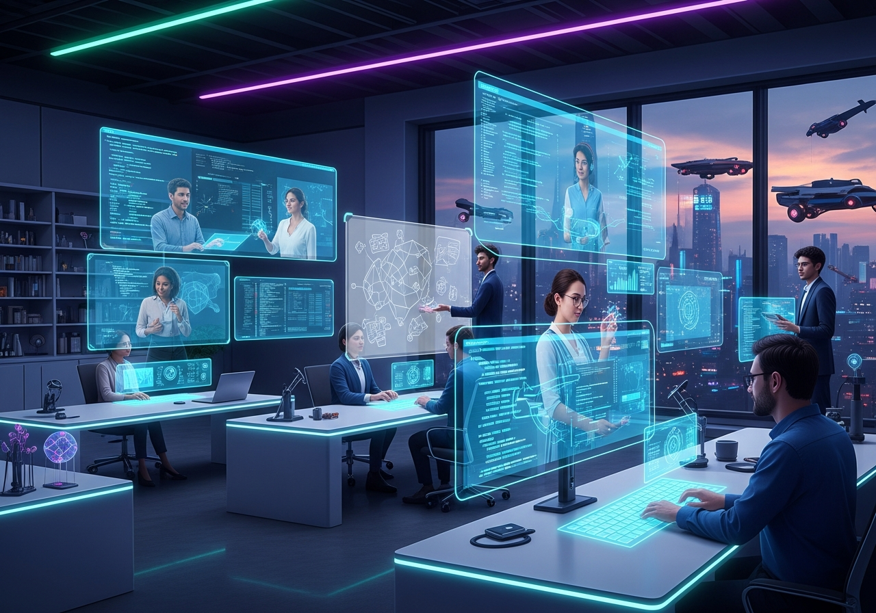 A virtual community meeting on screens, people from diverse backgrounds sharing code and ideas, futuristic workspace, vibrant colors