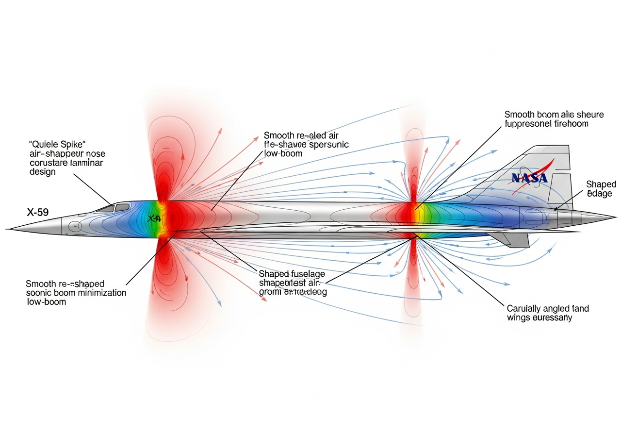Detailed diagram of the NASA X-59 aircraft showing airflow and shockwave patterns during supersonic flight, highlighting the minimization of sonic boom. Technical illustration, white background.