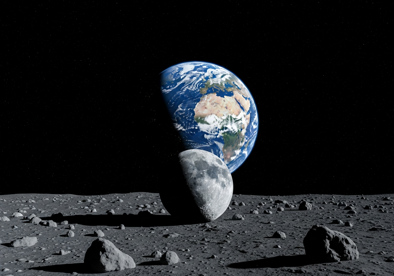 A panoramic view from the surface of the Moon, showing the Earth as a vibrant blue sphere in the dark sky, with a waxing gibbous moon prominently displayed, emphasizing the contrast and distance.