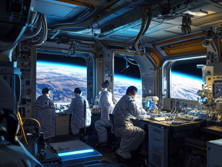 Interior of the Kibo Japanese Experiment Module on the International Space Station. Scientists are working with equipment, conducting experiments. The Earth is visible through a window.