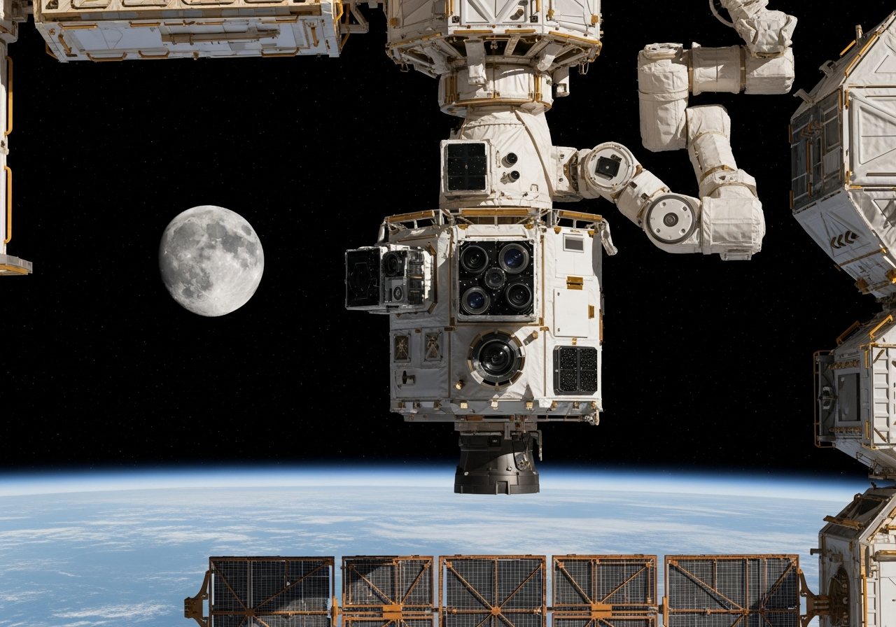 Detailed view of the International Space Station orbiting Earth, focusing on the high-resolution camera used to capture the Waxing Gibbous Moon, highlighting its advanced sensors and optical capabilities.