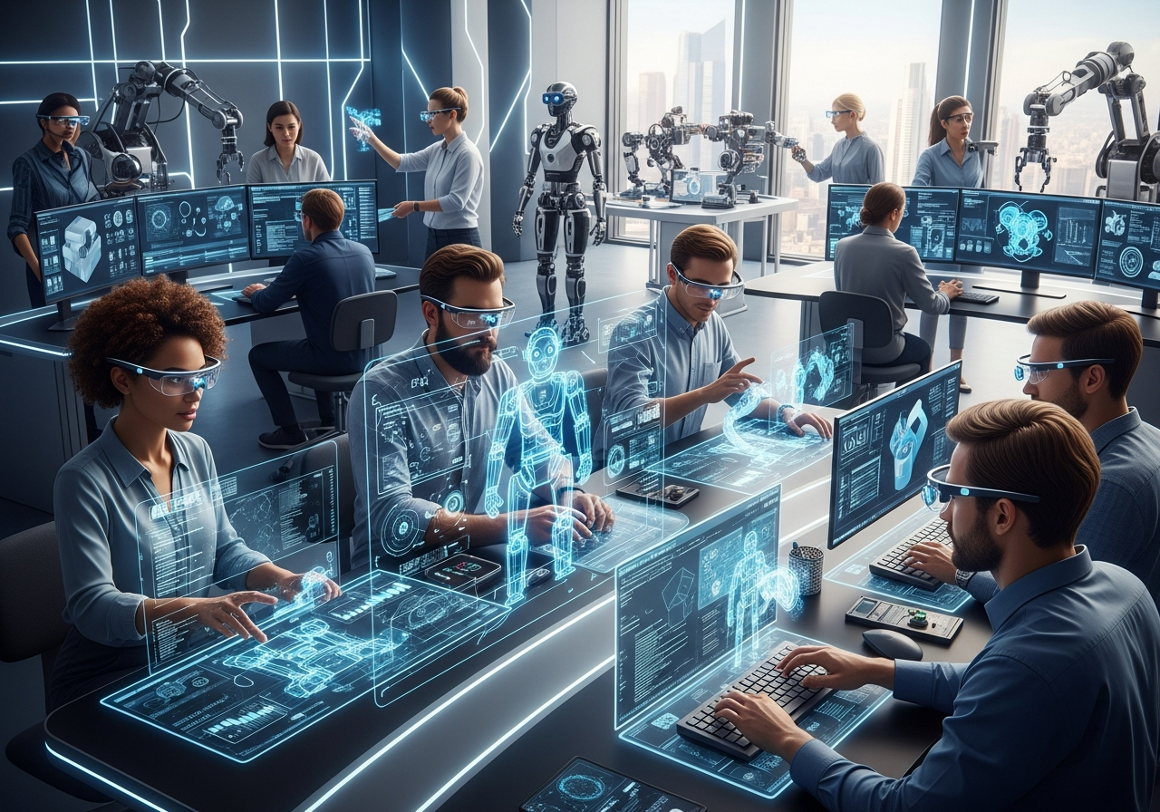 A diverse group of people collaborating on a futuristic project involving AI and robots, holographic displays, collaborative environment