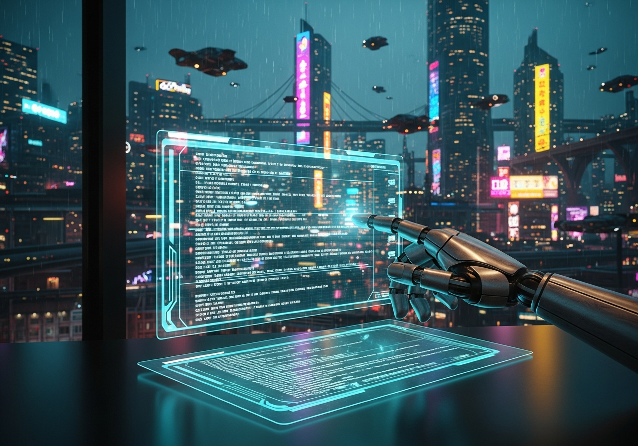 Robotic hand writing code on a holographic screen, futuristic city background, cyberpunk style