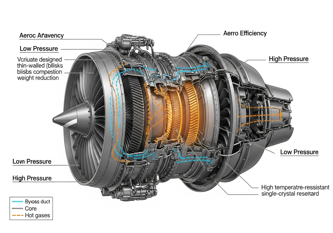 Cutaway diagram of the new aircraft engine highlighting its internal components, aerodynamics, and fuel efficiency features, detailed technical illustration