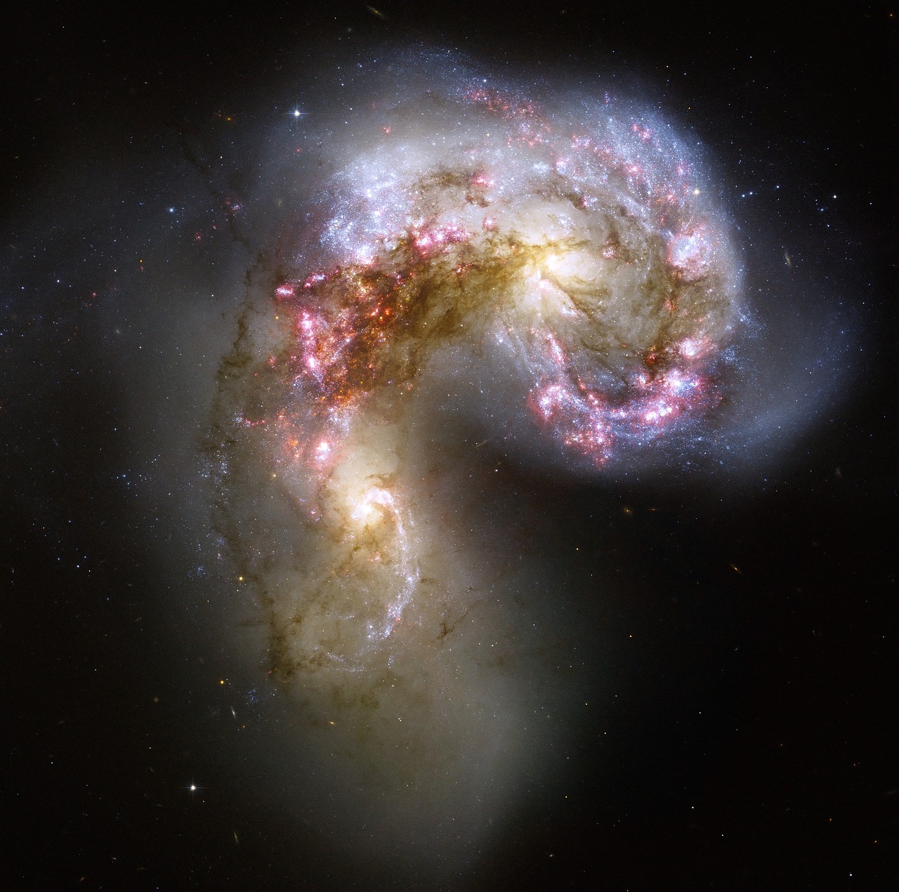 Illustration of two galaxies interacting, with visible tidal tails and starburst regions, set against a deep space background filled with distant galaxies.