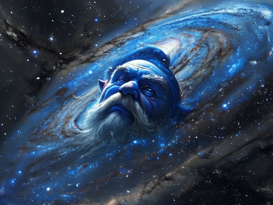 Artistic impression of a blue dwarf galaxy with active star formation, Hubble telescope in the background